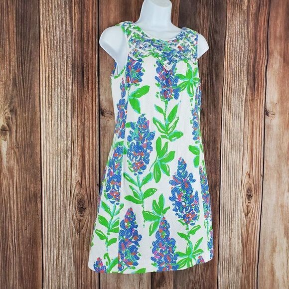 𝅺Lilly Pulitzer Ricci Shift Dress Womens 6 Fresh Cut Blue Bonnets Lattice Front - Picture 3 of 12